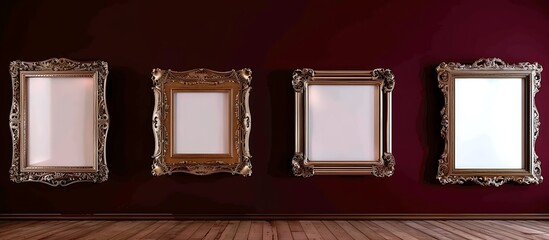 Four empty, ornate picture frames of varying shapes, against a deep burgundy wall in a luxurious art gallery, with an espresso wooden floor.