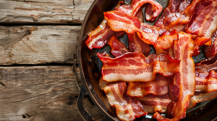 Wall Mural - Minimalist: Rustic pan filled with sizzling bacon strips, covering the frame. Highlights the crispy texture and savory flavor, perfect as a background.

