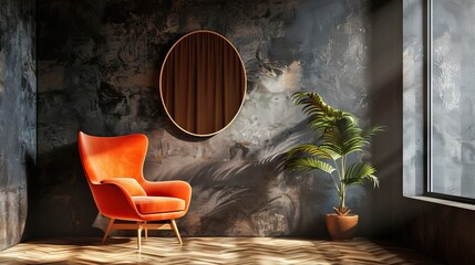 Poster - Minimalist cozy interior with an orange armchair and a round mirror. Bright orange chair and round mirror in stylish modern living room. Reflection concept in home decor. AI