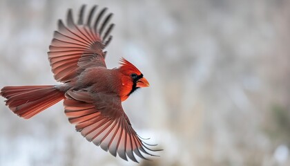 Fluffy Male Northern Cardinal - Cardinalis cardinalis - in flight flying with wings extended showing bright red crimson feathers with head crest. Isolated on white or light color background