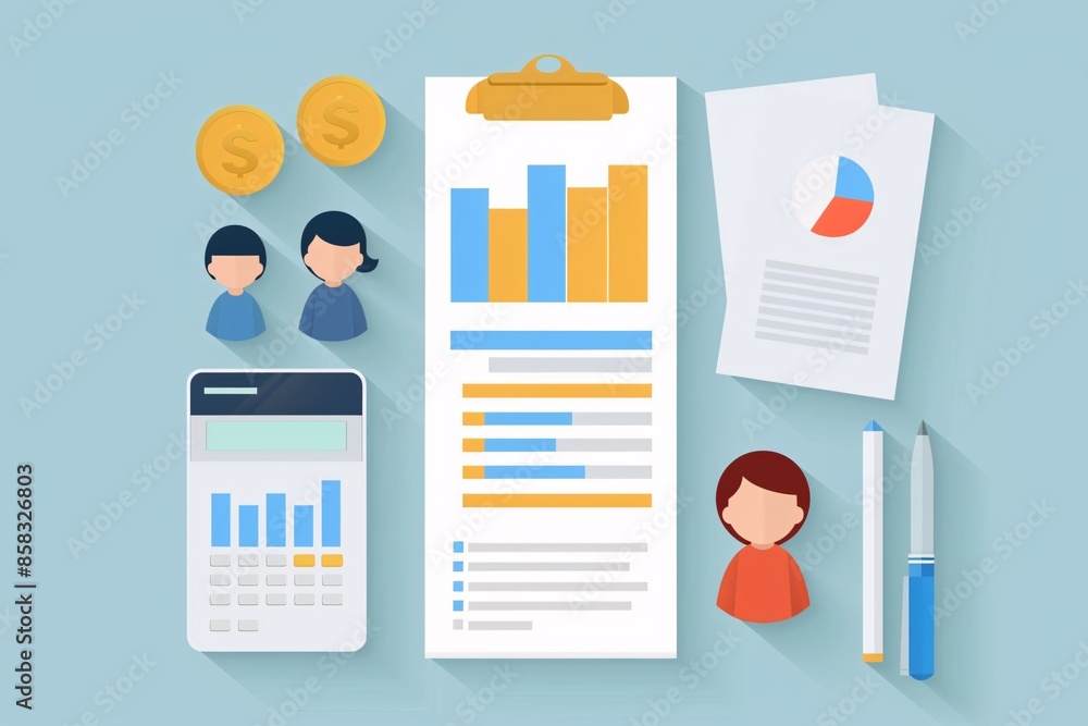 Infographic elements including charts, graphs, calculator, and ...