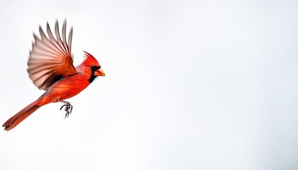 Wall Mural - Fluffy Male Northern Cardinal - Cardinalis cardinalis - in flight flying with wings extended showing bright red crimson feathers with head crest. Isolated on white or light color background