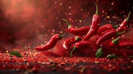 A number of red peppers floating in the air on a red background.