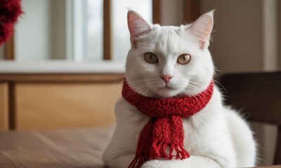 A White Cat Wearing a Red Scarf