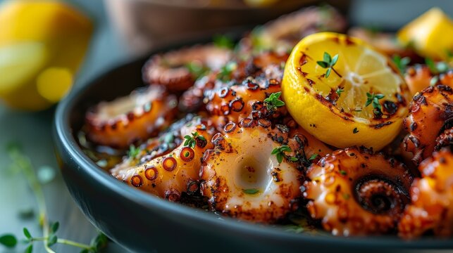 Close-up of a perfectly grilled octopus tentacle, garnished with lemon wedges and sprinkled with fresh herbs, served on a white plate with ample copy space. 