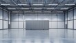 © Nany - A shiny, new container positioned in an empty, modern warehouse with blank walls and floor space for adding promotional content