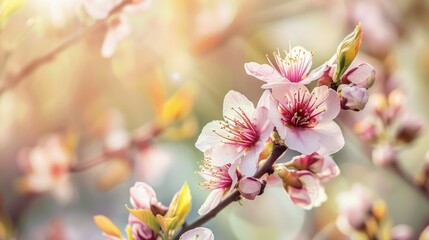 Wall Mural - Close up of light pink flowers on almond tree branch in spring garden for design with copy space
