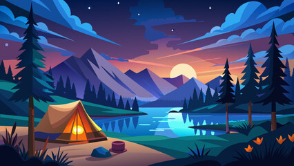 Canvas Print - Calm lakeside camping scene with starlit sky and vibrant sunset colors vector illustration. Camping adventure with a tent and a canoe under a starry night sky in a forest setting illustration 