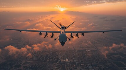 a military unmanned vehicle flies over the city in the setting sun. top view panorama of the city and a flying military drone