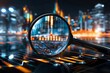 © antusher - Magnifying glass on financial growth with cityscape at night