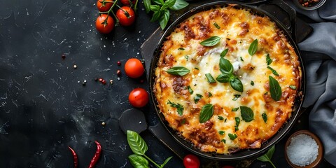 Wall Mural - Eggplant Parmesan with Melted Cheese and Fresh Herbs on a Table. Concept Eggplant Parmesan, Cheesy Delight, Fresh Herbs, Dinner Ideas, Culinary Creations