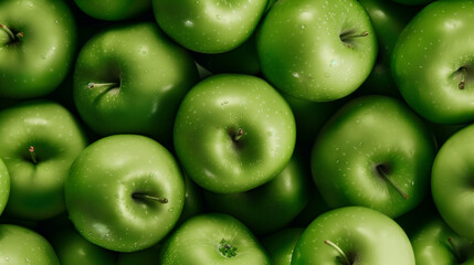 Compact arrangement of fresh, juicy, and vibrant green apples in a minimalistic photo, filling the frame and showcasing their crunchy texture and appetizing appearance. Perfect for a background.

