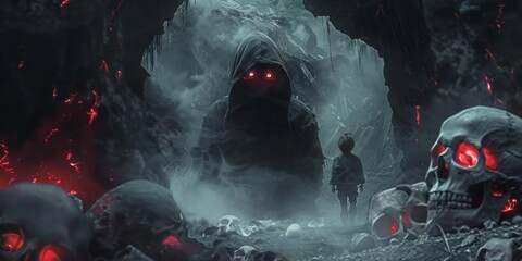 Wall Mural - scary hooded figure with glowing red eyes surrounded by smoke in a cave skulls and bones lining the 
