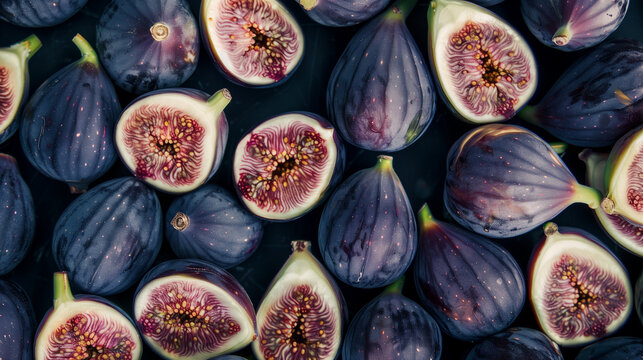 Compact and bright, juicy figs fill the frame in a minimalistic style, showcasing their rich, appetizing quality. Ideal for backgrounds.
