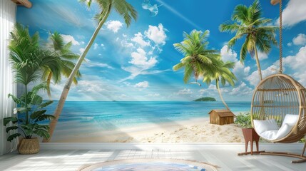 panoramic view of tropical beach with blue sky and white sand, banner design