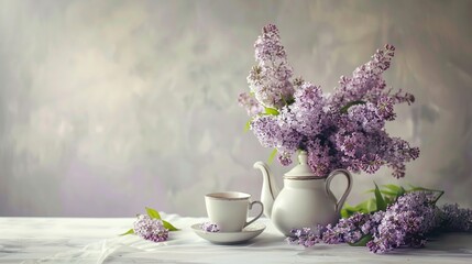 Wall Mural - Bouquet of lilac flowers with teapot and cup on table against light backdrop