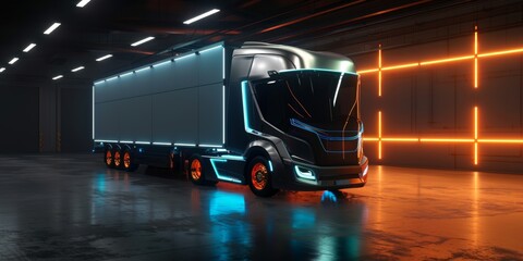 Futuristic smart truck underground with neon led lighting - chain supply concept with copy space 
