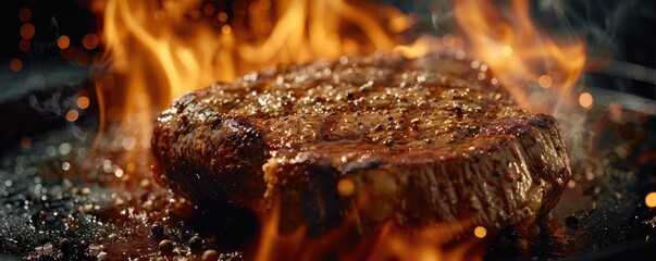 Wall Mural - Juicy steak sizzling on a flaming grill, capturing the essence of a perfect barbecue with rich, smoky flavors and a perfectly seared crust.
