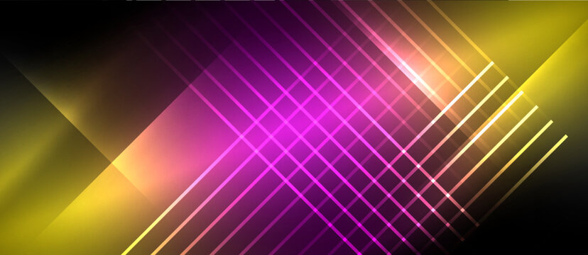 Neon dynamic diagonal light rays background. Techno digital geometric concept design for wallpaper, banner, presentation, background
