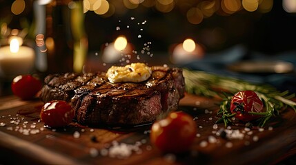 Canvas Print - Sizzling grilled steak served with a dollop of butter, cherry tomatoes, and garnish, presented on a wooden board with a blurred background.