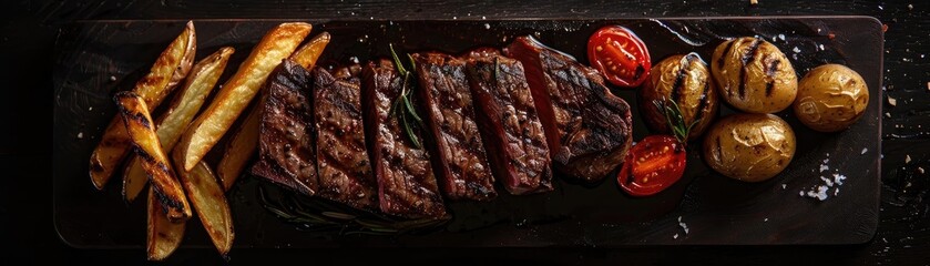 Wall Mural - Grilled steak served with roasted potatoes, cherry tomatoes, and crispy fries on a dark wooden platter. Perfect for a gourmet meal setting.