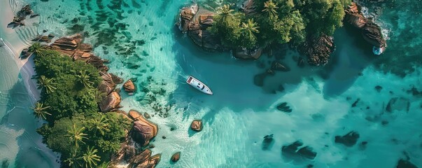 Wall Mural - Aerial view of a stunning tropical island with crystal clear turquoise water, lush greenery, and a small boat anchored near the shore.