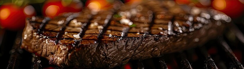 Wall Mural - Close-up of a juicy, perfectly grilled steak with char marks, served with cherry tomatoes. Mouthwatering barbecue meat, ideal for culinary use.