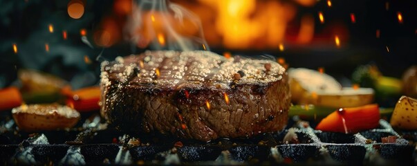 Wall Mural - Juicy grilled steak on a barbecue with roasted vegetables in the background. Ideal for food and culinary photography.