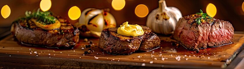 Wall Mural - Juicy grilled steak with garnishes of herbs and garlic, plated beautifully against a warm, bokeh background, emphasizing fine dining cuisine.