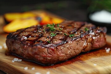 Wall Mural - Juicy grilled steak garnished with herbs and served on a wooden board, ideal for culinary content or a restaurant menu.