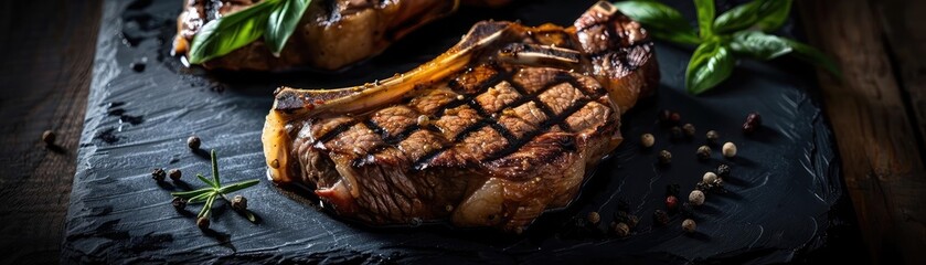 Canvas Print - Grilled beef steak with perfect grill marks served on a dark slate board, garnished with aromatic herbs and peppercorns.