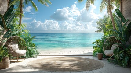 panoramic view of tropical beach with blue sky and white sand, banner design