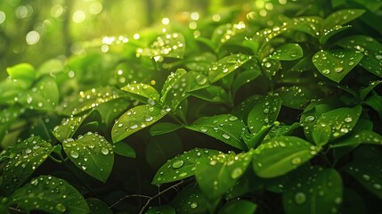 Sticker - Lush green leaves covered in dew drops in a forest exposed to sunlight.