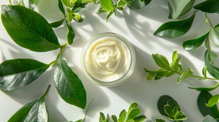 Wall Mural - Close-up of cream jar with white lid on a white surface, surrounded by green leaves. Filled with white product, creating a natural and refreshing vibe.