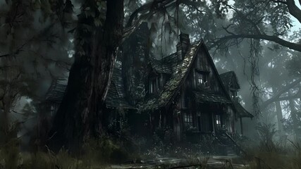 Wall Mural - In the heart of the haunted forest stood a dilapidated cabin where the shadows of ghostly figures could be seen haunting its decrepit halls.