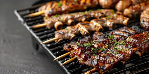 Canvas Print - Global Grill Mouthwatering Ribs and Skewers from Around the World. Concept Grilled Delights, International Cuisine, Rib Recipes, Global Flavors, Skewer Specialties