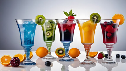 Glasses with refreshing drinks made from fresh fruit with ice cubes, adorned with kiwi, berries, oranges and lemon 