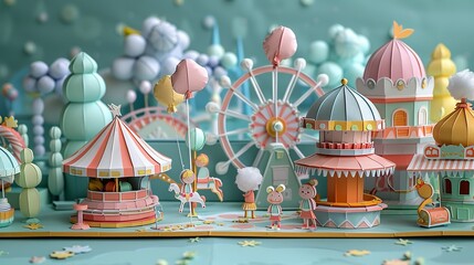 Create a detailed paper craft of a family enjoying a funfair. Include a Ferris wheel, carousel, and food stalls, with everyone holding balloons and cotton candy. Illustration, Minimalism,