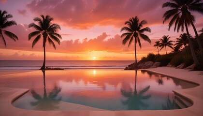 Wall Mural - Design an image of an infinity pool overlooking a sandy beach, with the sun setting in a blaze of color and palm trees swaying gently in the warm breeze.