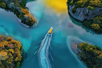 Poster - Aerial view of a small boat cruising through a tropical island passage with vibrant, colorful waters and lush green landscape.