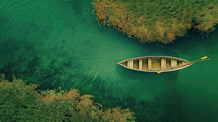 Wall Mural - Aerial view of a wooden boat floating on serene green waters surrounded by lush vegetation, creating a tranquil and picturesque scene.