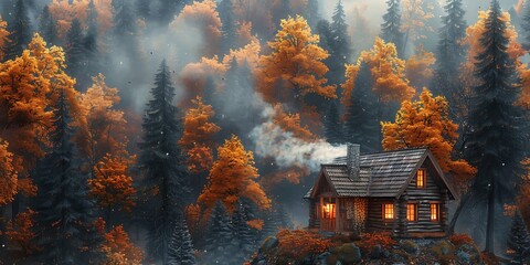 Cozy cabin nestled in an autumn forest