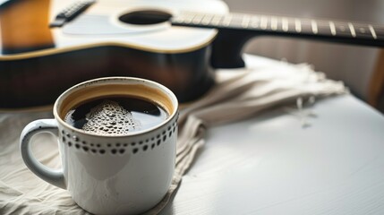 Canvas Print - Morning scene with coffee cup and guitar on white surface