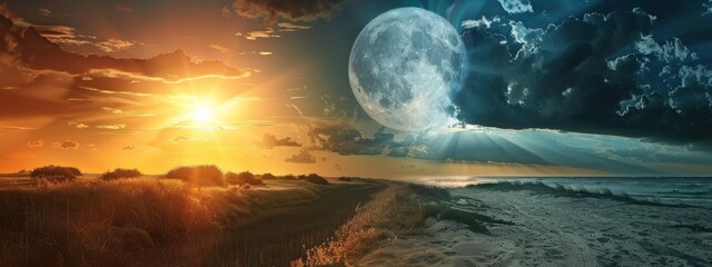 Wall Mural - Sunset and moonrise over the ocean for a celestial or travel themed design