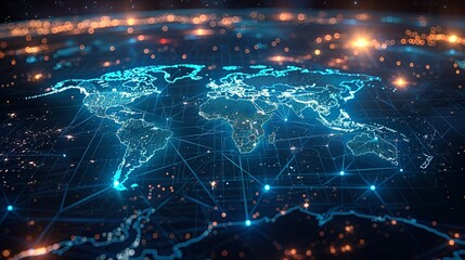 Wall Mural - This image features a global map brightly lit with sparkling connection lines, depicting an advanced network of communication and technological advancements.