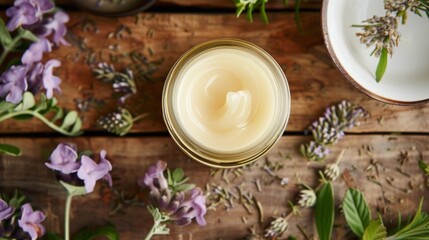 Wall Mural - A close-up image of a jar of herbal cream on a rustic wooden surface. The cream is a light yellow color and is surrounded by purple flowers and green leaves.