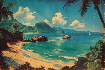 Wall Mural - Tropical Beach Scene With Palm Trees and Ocean