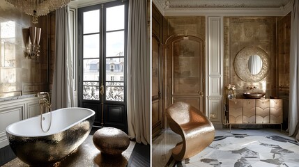 Wall Mural - Luxurious bathroom and living room interior design with elegant furniture and detailed architecture in a Parisian apartment.