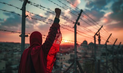 Wall Mural - Person Protesting at Barbed Wire Fence During Sunset