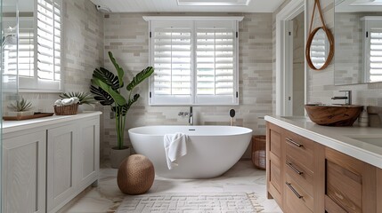 Wall Mural - Elegant modern bathroom interior with a freestanding tub, wooden cabinets, and a tropical touch provided by a green plant. 